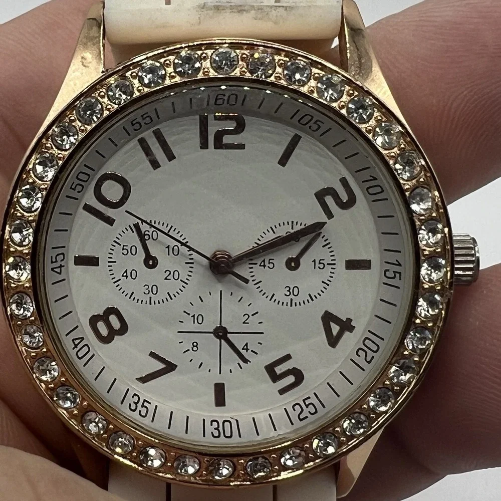Ladies Trendy Round Rose Gold Tone Bezel‎ White Dial Poly Band Analog Watch J6